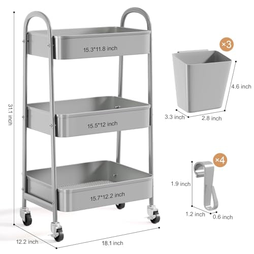 3 Tier Gray Metal Rolling Cart, Mesh Storage Cart with Handle and Lockable Wheels, Multifunctional Three Tiered Utility Organizer Carts for Kitchen, Office, Bathroom, Craft, Art, Snack, Baby Supplies - color: Calm Gray, size: 3 tier