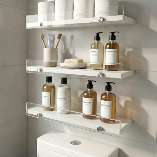 Over the Toilet Shelves - Wall Mounted Floating Shelves with Clear Acrylic Lip, 15.7" Rustic Farmhouse Bathroom Storage Shelves, 3 Pack White