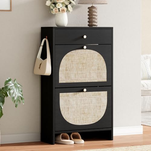 Shoe Storage Cabinet for Entryway, Slim Shoe Rack with 2 Flip Drawers and Top Storage Drawer, Narrow Shoe Organizer with Arched Rattan Accent, Entryway Shoe Storage for Size 13.5 Shoes, Black - color: Ebony Black, style: 2 Flip Drawer & Top Drawer