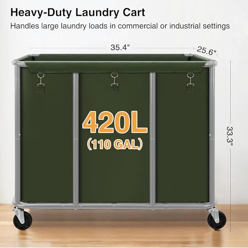 STO STO Commercial Laundry Cart with Lockable Wheels, Large 420L Industrial Rolling Laundry Hamper with Steel Frame, Removable Waterproof Bag, 400 lbs Capacity for Hotels, Hospitals, Factories, Green