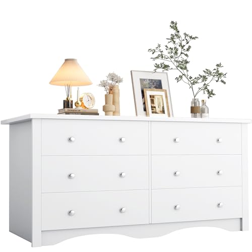YESHOMY 6 Drawer Dresser for Bedroom, 47.2'' Wood White Dresser, Chest of Drawers Storage Organizer, TV Stand for 55 inch TV, for Living Room, Hallway, Closet - color: Light White