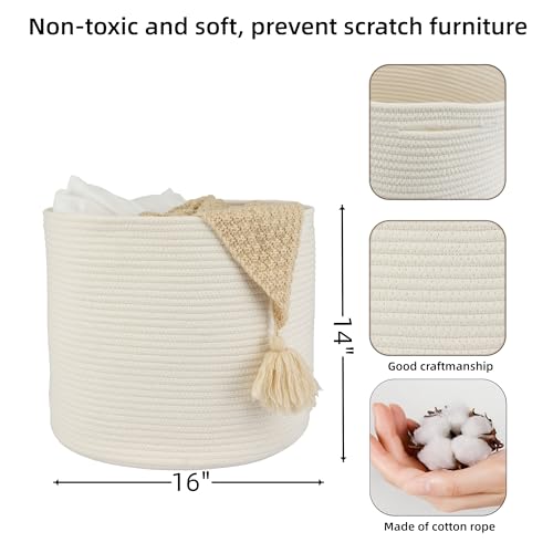 XUANGUO Cotton Rope Basket For Girls Boys Kids 16”X14” Baby Laundry Baskets Nursery Bin Round Woven Basket Organizer For Storage Toys Blankets Shoes Clothes white - color: white