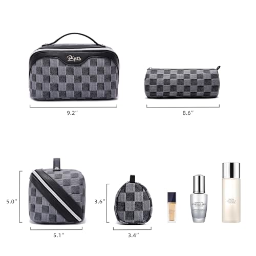 BOYATU Travel Makeup Bag for Women: Large Cosmetic Bag Set of 3 - PU Leather Make up Bag with Compartments - Compact Waterproof Toiletry Bag with Divider & Handle (D-2-Black) - color: D-2-Black