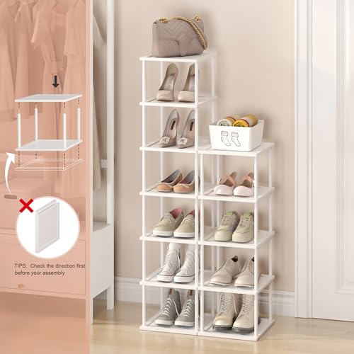 Vertical Tall Shoe Rack Organizer for Entryway -12 Tier Free Standing Slim Narrow Bamboo Wood Corner Stackable Shoe Boots Storage Stand Small Spaces for Closet Garage Cloakroom Living Room (White) - color: White, size: 12 Tier