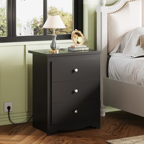 WLIVE Tall Nightstand with Charging Station, Wood Night Stand with 3 Drawers Storage, Bedside Table End Side Tables with 2 USB Ports and Outlets for Bedroom, Closet, Black - color: Black