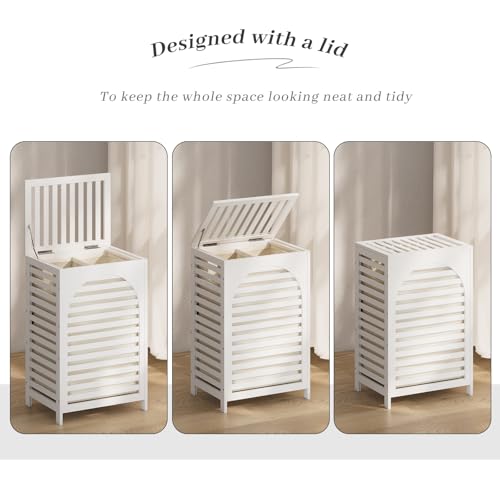 Laundry Hamper with Lid,Bamboo Large Waterproof Clothes Laundry Basket,Removable Washing Bags with Handles,clothes basket (White) - color: White