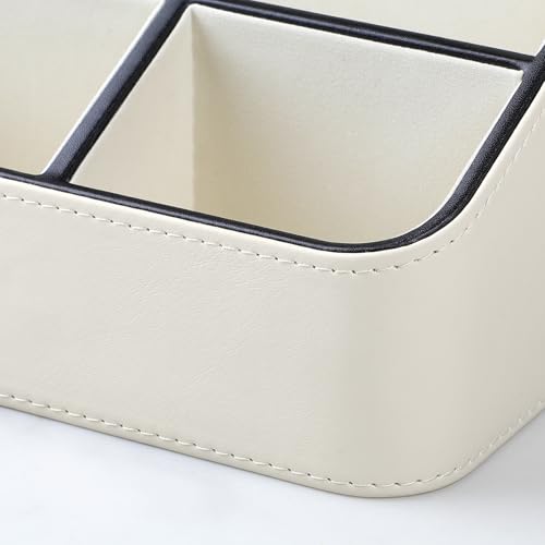 Remote Control Holder, PU Leather Small Desk Organizer with 4 Compartments, Nightstand Organizer Office Desk Accessories Desk Caddy for Countertop Bedside End Table (Cream) - color: Cream