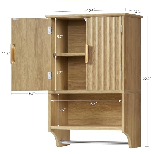 TEENFON Fluted Bathroom Wall Cabinet with Adjustable Shelves and Towel Rack, Wall Mounted Over The Toilet Storage Organizer for Bathroom, Living Room, Natural - color: Natural-22"h