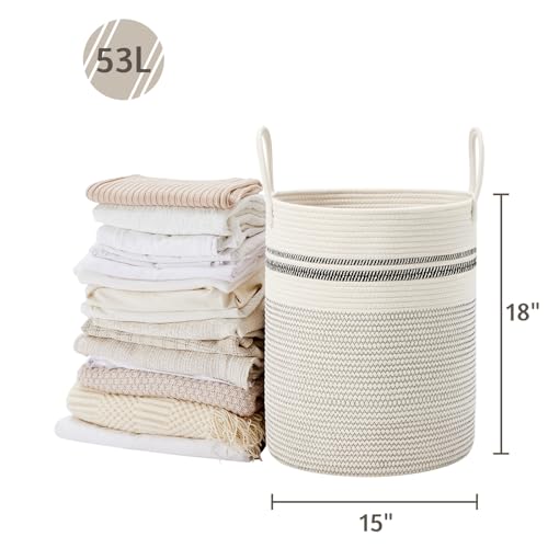 VIPOSCO Large Laundry Hamper, Tall Woven Rope Storage Basket for Blanket, Toys, Dirty Clothes in Living Room, Bathroom, Bedroom - 53L Stripe White - color: Stripe White, size: 53L