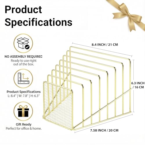 Simmer Stone 2 pcs Incline File Sorter, 7 Slot Magazine Holder for Letter, Document, Folder and Book, Metal Desktop Organizer Rack for Home, School and Office (2-gold) - color: 2-gold