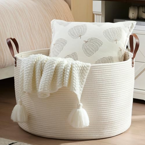 Luxury Little Extra Large Nursery Storage Basket, 22 x 22 x 14 inches - 100% Cotton Rope Baskets with Handles, Laundry Basket for Toys, Blankets & Pillows - Off White with Leather Handles - color: White