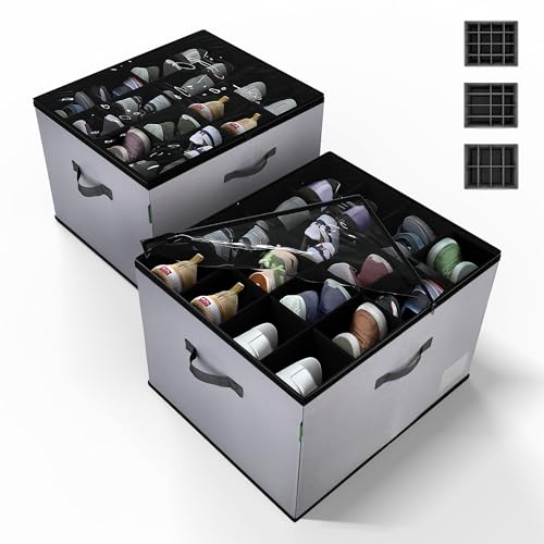 2 Pack Shoe Organizer for Closet, Foldable Fabric Shoe Storage Box with Adjustable Dividers and Clear Dustproof Cover, Large Collapsible Shoe Bins & Containers, Holds up to 32 Pairs, Gray