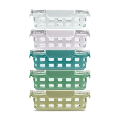 Ello Duraglass 3.4 Cup Meal Prep Sets 10Pc, 5 Pack Set- Glass Food Storage Container with Silicone Sleeve and Airtight BPA-Free Plastic Lids, Dishwasher, Microwave, and Freezer Safe, Olive Tree - color: Olive Tree, size: 3.4 Cup