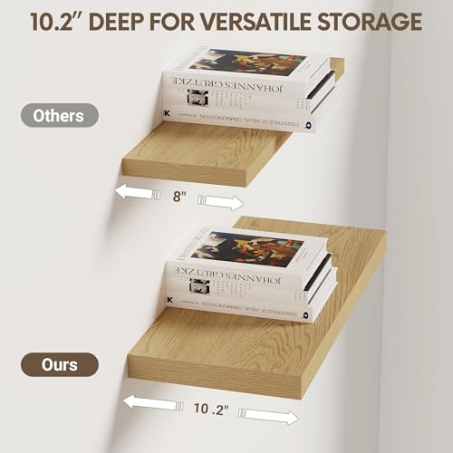 Vivelove 10" Deep Floating Shelves Over Toilet, 16" Wall Shelves for Bathroom Bedroom Kitchen Living Room Laundry Room, Modern Rustic Shelves for Home Decor, 16"x10.2"x1.5", Set of 2, Oak - color: Oak, size: 15.7”Wx10.2”Dx1.5”H