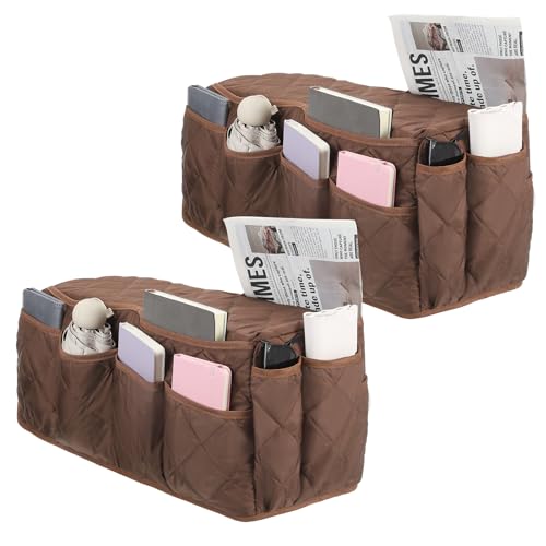 uxcell 2 Pcs Recliner Armchair Caddy, Couch Armrest Organizer with 14 Pockets for Bedside Sofa Remote Control Holder Magazine Phone Book Glasses (Brown, 20" x 7" x 9") - color: Brown