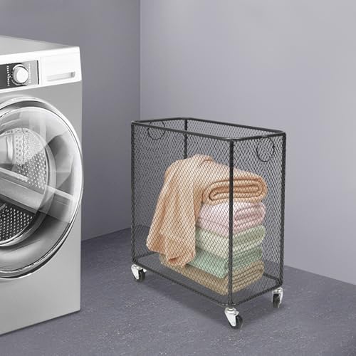 Black Metal Laundry Basket with Wheels, Rolling Laundry Hamper Cart Metal Mesh Laundry Clothes Sorter Storage Cart Organizer Basket Durable for Home - color: Black