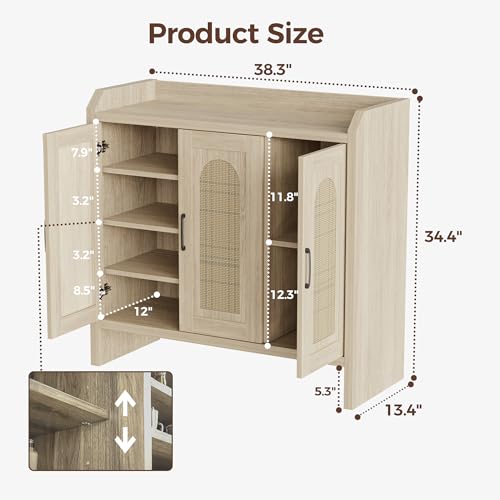 Mericonia Rattan Shoe Storage Cabinet, Farmhouse Shoe Cabinets Storage for Entryway, Boho Wooden Shoe Rack with 3 Doors for Entryway, Hallway (Oak, 3 Door) - color: Oak, size: 3 Door