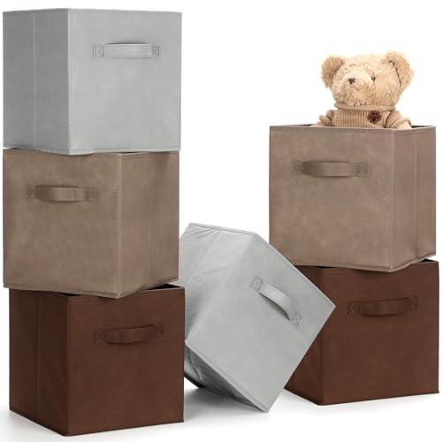 Karenhi 11" x 10. 5" x 10. 5" Brown Gray Storage Cube, 6 Pack Fabric Cube Storage Bins Organizer Box, Collapsible Baskets with Handles Foldable Shelf for Cloth Toys Home Room Closet, Pack of 6 - color: Brown Gray