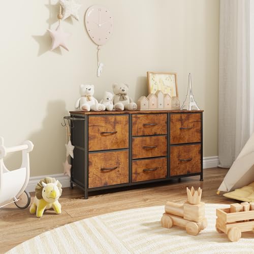Fabric Dresser for Bedroom, Small Dressers for Kids Bedroom, 7 Drawers Dresser for Closet, Storage Organizer Chest of Drawers for Nursery, Dorm, Apartment, TV Stand, Wood Top, Side Hook (Rustic Brown) - color: Rustic Brown, size: 11.8"D x 39.4"W x 21.7"H