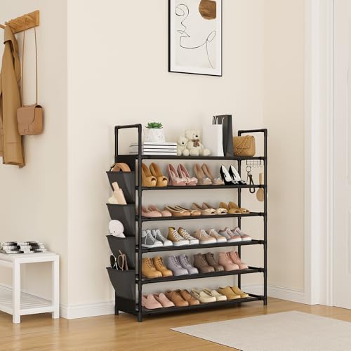 LANTEFUL 6 Tier Shoe Rack, Shoe Organizer Storage for 24-30 Pairs Shoe and Boot, Long Shoe Shelf with Hook and Side Pocket Free Standing Tall Shoe Rack Organizer for Closet, Entryway, Dorm - color: Black