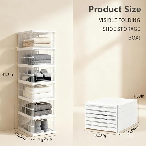 ZLLZUU Upgrade Clear Foldable Shoe Storage Organizer, No Assembly 6 Tiers Shoe Box with Fully Clear Door, Plastic Stackable Shoe Rack for Sneakers, Sturdy Shoe Storage Containers Bins - color: Transparent-6Tiers