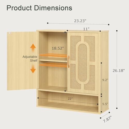 VECELO Rattan Bathroom Wall Cabinet, Medicine Cabinets with Adjustable Shelves, Wall Mounted Above Toilet Storage Organizer for Bathroom, Kitchen, Entryway
