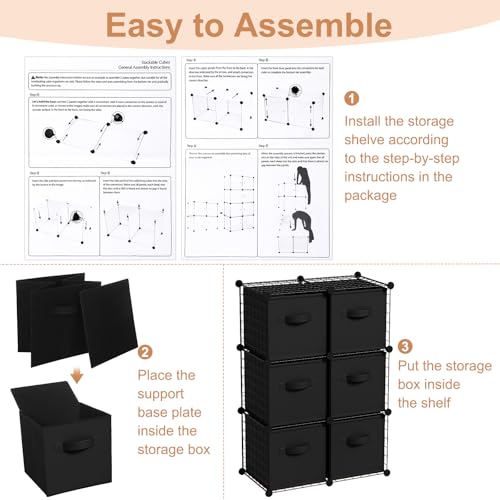 Leinuosen 6 Cube Storage Organizer with 6 Foldable Fabric Storage Bins, Metal Wire Grid Shelves, Stackable Modular Closet Organizer for Bedroom Living Room Office Toys Books(Black,Black) - color: Black,Black
