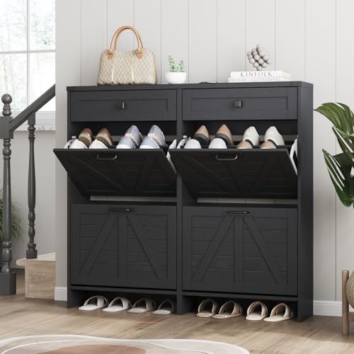 Halitaa Shoe Cabinet with 4 Flip Drawers & 2 Drawers,Farmhouse Shoe Storage Cabinet for Entryway,Slim Freestanding Organizer Rack for Front Door Entrance,Black - color: Black, style: 4-Drawers