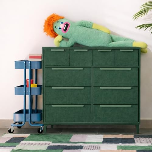 tinge Naima Premium Fabric Dresser - Strong Metal Frame, 10 Spacious Sag-Proof Drawers with Sleek Metal Handles - Premium & Durable Storage Solution for Your Home (Green) - color: Green, size: 14"D x 39.2"W x 35.8"H (10 Drawers)