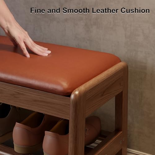 AQIMUELE Shoe Rack Bench,2 Tiers Shoe Bench with Storage with Flip-Top,Wood Shoe Rack for Entryway,Hallway（Orange Upholstered Seat,11.8" D x 31.5" W x 15.7" H） - color: Orange Upholstered Seat, size: 11.8"D x 31.5"W x 15.7"H