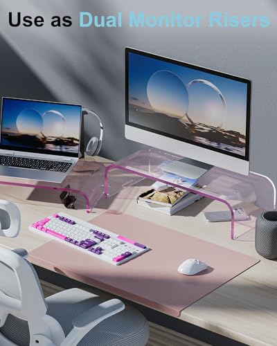 Acrylic Dual Monitor Stand Riser 2 Tier, Modular Laptop Stand for Desk, Multifunctional Desktop Organizer Shelf for PC, iMac, Printer, Detachable Monitor Stand for Office or Home, Pink - color: Pink