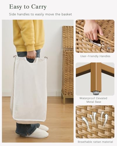 SETVSON Laundry Hamper with Lid 132 L, (35 Gallons) Clothes Hamper with Lid, Handwoven Rattan Laundry Hamper with Metal Heightened Feet, Laundry Hampers with 3 Removable Liner Bags for Laundry-Natural - color: Natural, size: 132 L - 35 gal