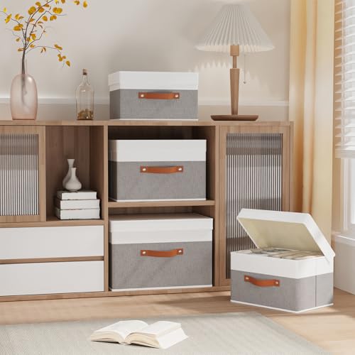 5 Pack Storage Bins with Lids, Linen Foldable Collapsible Boxes, 15 x 9.8 x 9.8 Inch Storage Baskets with Handles for Shelves, White and Grey - color: White/Grey, size: 15x9.8x9.8in(5-Pack)