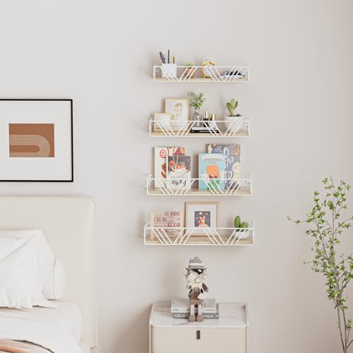 Amaoot Floating Shelves for Wall Set of 4, Different Sizes Mounted Wood Floating Shelf, Wall Shelves for Living Room, Bedroom, Bathroom, Kitchen, Farmhouse Decor, Office - color: White