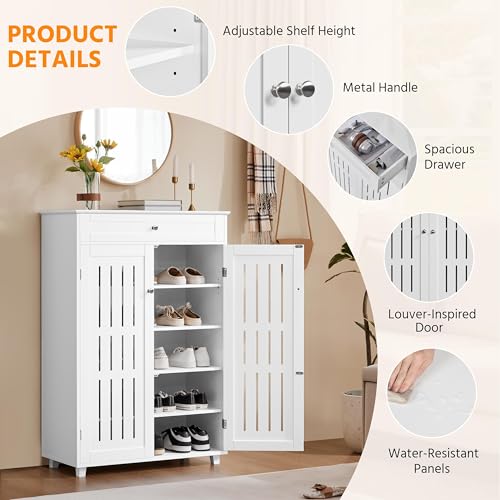 Yaheetech Shoe Cabinet, 5-Tier Shoe Rack Organizer with 1 Drawer, Freestanding Wooden Shoe Storage Cabinet with 2 Louvered Door & Adjustable Shelves for Entryway Hallway, White - color: White, size: 31 x 15 x 45.5''
