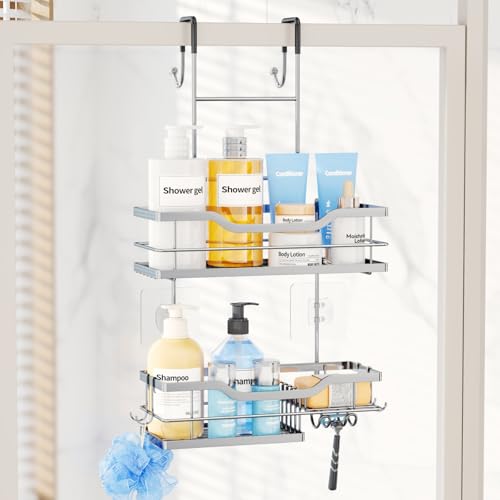 Consumest Over Door Shower Caddy - 2 Tier Shower Shelves Hanging with Soap Holders, Large Capacity Shower Organizer with 4 Hooks, Bathroom Rack and Storage, Silver - color: Silver, size: 2 Tier