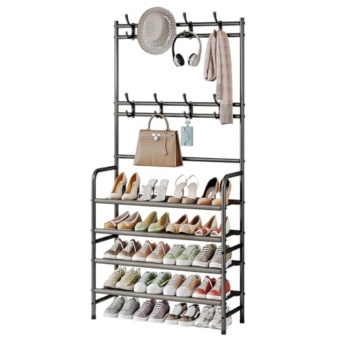 4 Tier Coat and Shoe Rack Entryway Coat Rack with 8 Hooks Shoes Organizer for Living Room Bedroom Office Brown - color: Brown