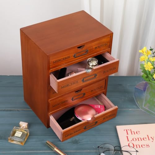 Wooden Storage Box with 5 Drawers Apothecary Drawers Vintage Wooden Drawers Wood Desktop Organizer with Drawers Countertop Drawers Library Card Catalog Cabinet Apothecary Cabinet （BROWN） - color: BROWN05
