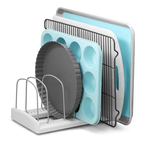 YouCopia StoreMore Bakeware Rack with Tall Steel Wires, Adjustable Pan and Lid Organizer, Classic Edition – White, Alloy Steel & Plastic, 11.5”W x 7.3”D x 6.4”H, Customizable Shelf - size: Standard