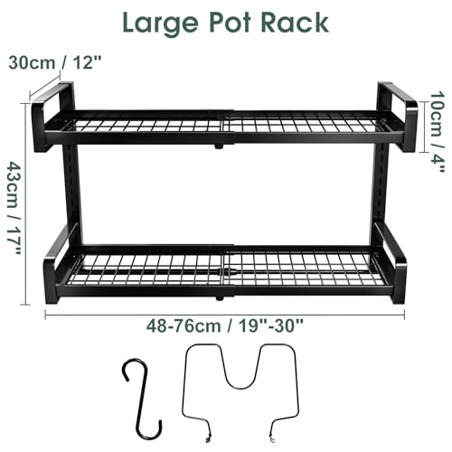 19"- 30" Expandable Hanging Pot Rack, 2 Tier Heavy Duty Wall Mounted Pots and Pans Organizer with 10 Hooks and 5 Pot Lid Holders, Pot Hanger Shelf for Kitchen Cookware Utensils Organizers and Storage