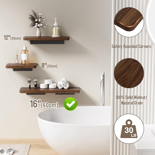 Danpoo 16 inch Solid Walnut Floating Shelf - Large, Heavy Duty Wall Shelf for Kitchen, Living Room, Bathroom, Built to Hold Books, Kitchenware, & Heavy Decor - color: Black, size: 16 inch