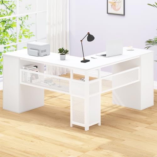 HSH White L Shaped Desk with Drawers Shelves, Large Home Office Corner Computer Desk with Storage File Cabinet, Modern Metal Wood Desk for Executive Writing Study Workstation, 59 Inch Bedroom Table - color: White Oak