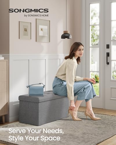 SONGMICS MAZIE Collection - 30 Inches Folding Storage Ottoman Bench, Ottoman Foot Rest, End of Bed Bench, Storage Chest, Load 660 lb, for Living Room, Bedroom, Entryway, Light Gray ULSF47G - color: Light Gray, size: 15"D x 30"W x 15"H