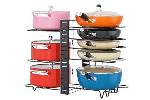 Pots and Pans Organizer for Cabinet, 3-in-1 Adjustable Cookware Storage Rack System, 8 Tier Pot Organizers Rack, Adjustable Pan Organizer under Cabinet Kitchen Organization and Storage 16.5 Height.