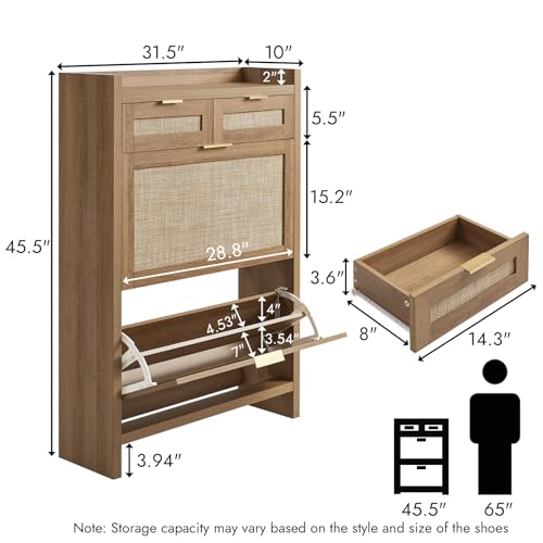 HOKYHOKY Rattan Shoe Storage Cabinet with 2 Drawers & 2 Flip Drawers – Hidden Slim Shoe Organizer for Entryway, Large Tabletop Space, Farmhouse Boho Narrow Shoe Rack, Rustic Oak - color: Rustic Oak, size: 2 Flips