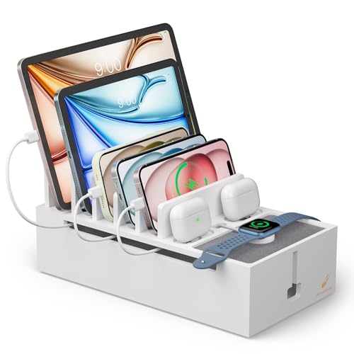 Pezin & Hulin Multi Charger Station Organizer Rack, Bamboo Cable Management Box, Power Strips and Cord Hider, Nightstand Device Organizer (Include 6 Cables)(No Power Charging Supply) -White - color: White (No Charger)