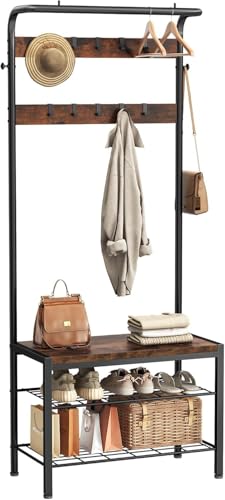 Hall Tree with Bench and Shoe Storage, 4-in-1 Entryway Organizer with 10 Hooks and Storage Shelf,Coat Rack Freestanding with 2-Tier Storage Shelf for Living Room, Bedroom Rustic - color: Rustic