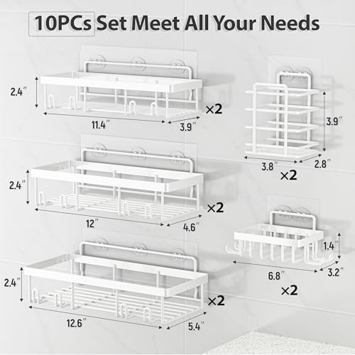 Liuoud 10 Pack Shower Caddy Organizer Rack Shelf for Inside Shower, Self Adhesive Wall Storage Basket Rustproof Stainless Steel Shampoo Holder Bathroom Accessory Decor Set, White - color: White