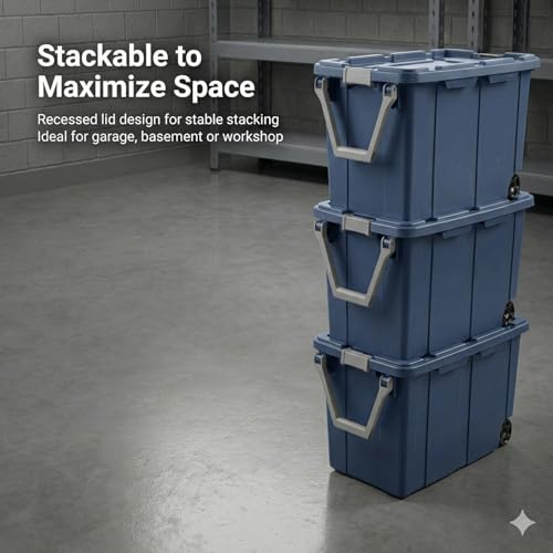 40 Gallon Wheeled Storage Tote with Lid – Heavy Duty Rolling Storage Bin with Ergonomic Handle & Secure Latches – Large Plastic Stackable Container for Garage Basement Workshop (Blue) - size: Blue