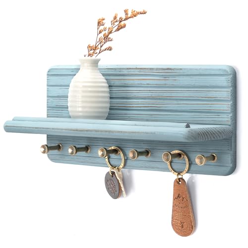 Rebee Vision Pine Wood Key Holder Wall Mount for Room Accessories – Decorative Key Holder for Wall with 6 Hooks & Floating Shelf – Rustic Wall Organizer for Home Decor Aesthetic (Blue) - color: Blue, size: Medium-11inch